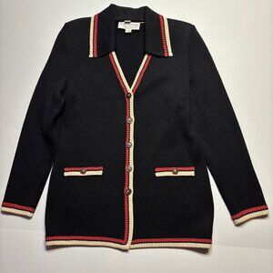 St. John Collection Black Knit Jacket with Red & Cream Trim – Size 4